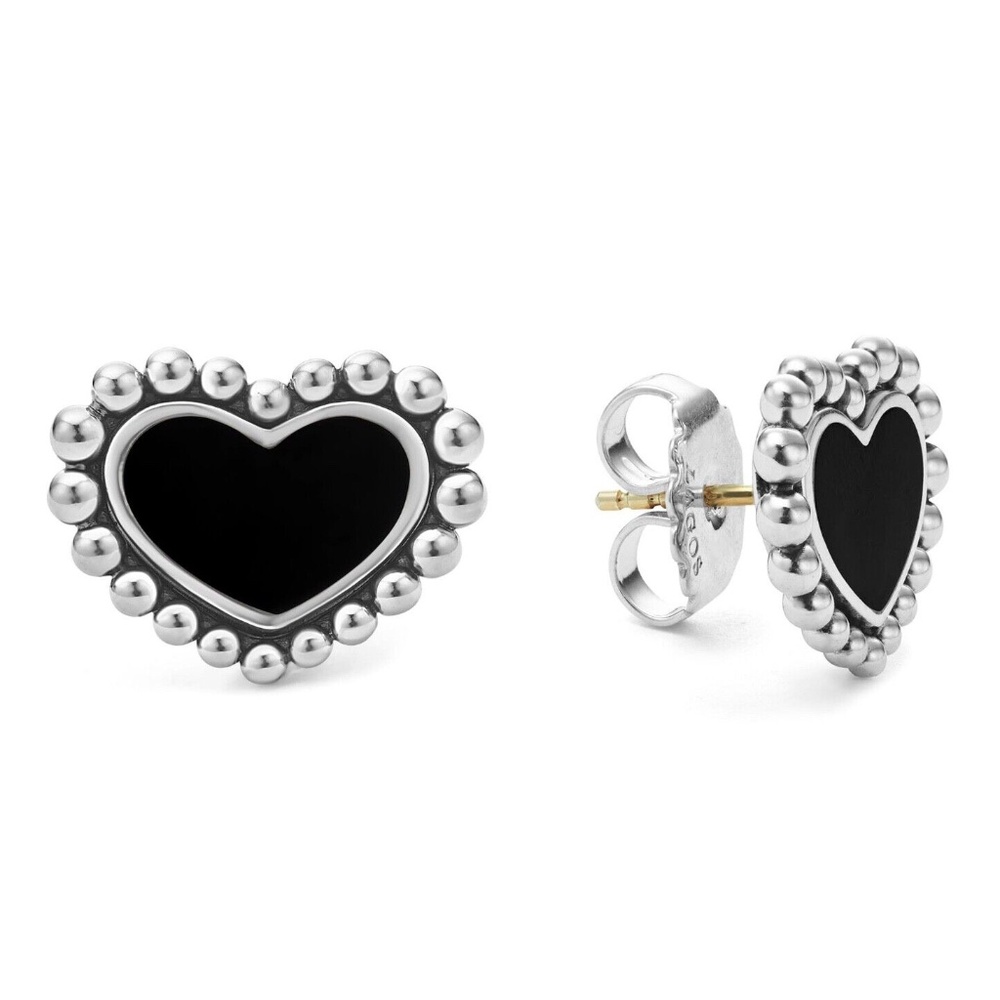 LAGOS Maya Black Onyx Heart Stud Earrings in Sterling Silver